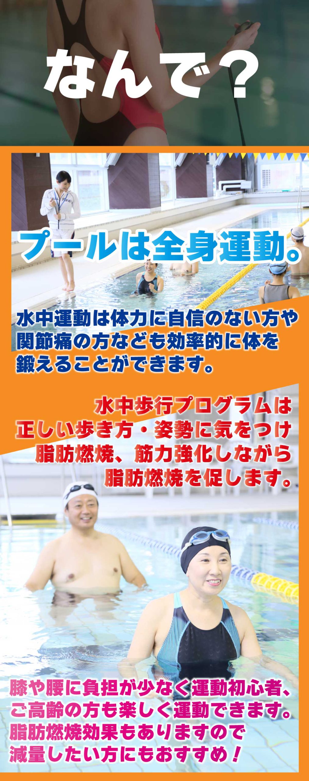 プールは全身運動。水中運動は体力に自信のない方や関節痛の方なども効率的に体を鍛えることが出来ます。水中歩行プログラムは正しい歩き方・姿勢に気を付けながら脂肪燃焼、筋力強化しながら脂肪燃焼を促します。運動初心者にもおすすめ。