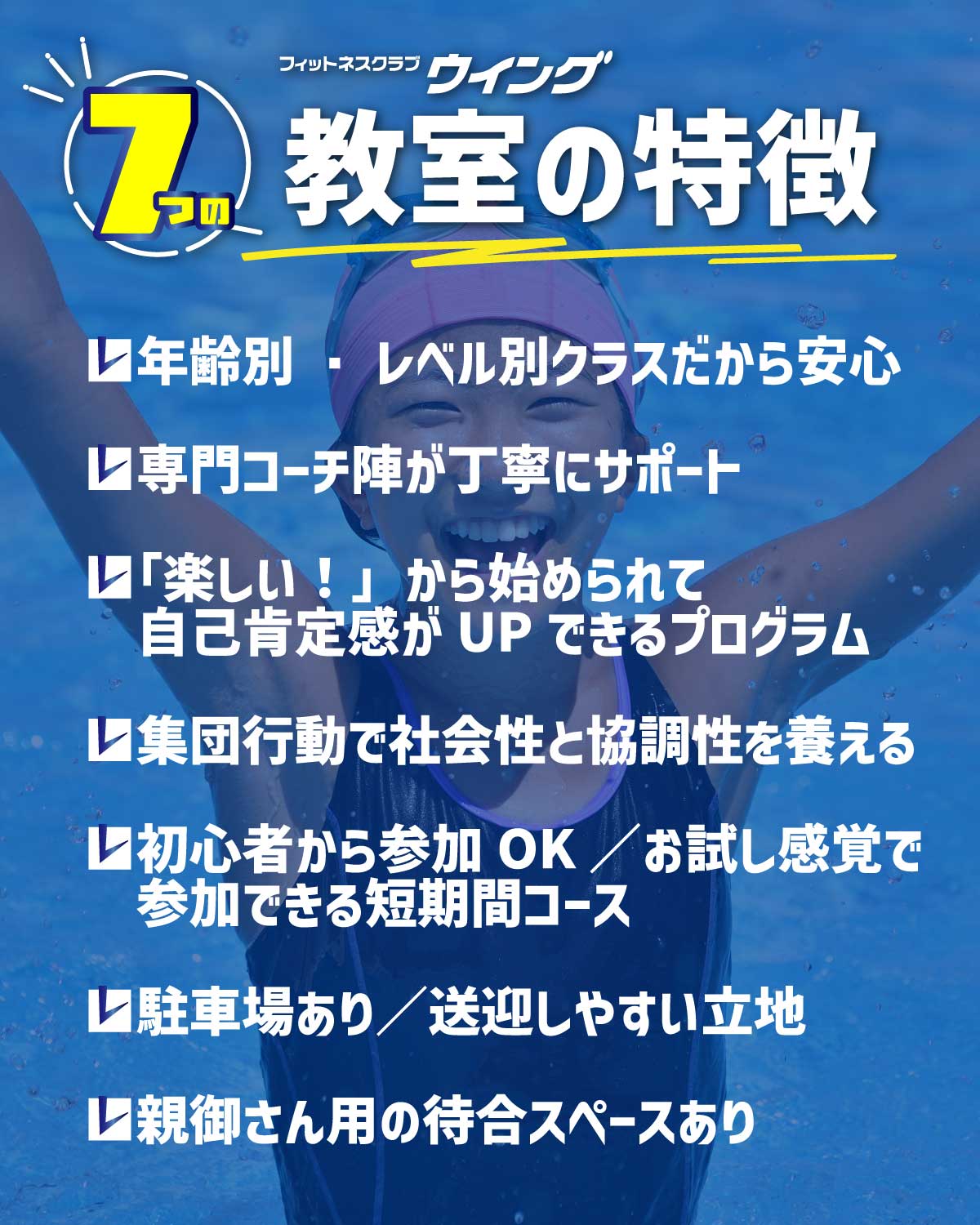フィットネスクラブウイングスクールの7つの特徴１，年齢別レベル別クラスだから安心。２，専門コーチが丁寧にサポート。３，自己肯定感UPプログラム。４，集団行動で社会性と協調性UP。５，お試し感覚で参加OK。６，駐車場有送迎しやすい。７，親御さん待合スペースあり