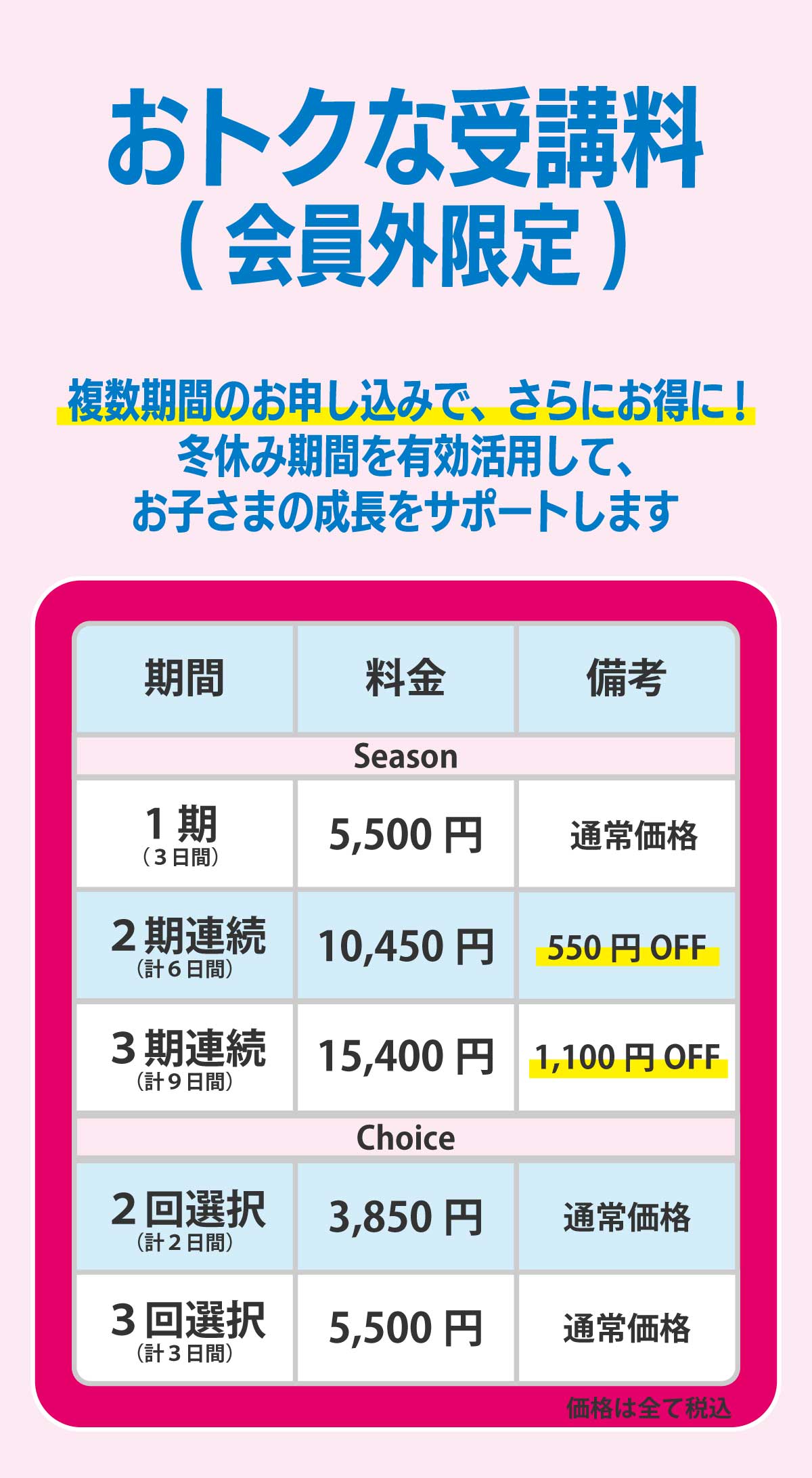 受講料・入会特典。複数期間のお申し込みで、さらにお得に!冬休み期間を有効活用して、お子さまの成長をサポートします。